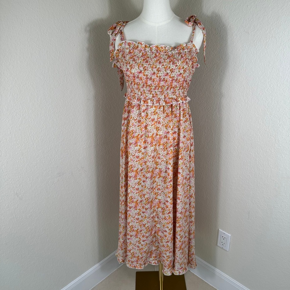 MVN THE LABEL Dress Womens 8 Orange Floral Smocked Tie Shoulder Cottagecore Boho